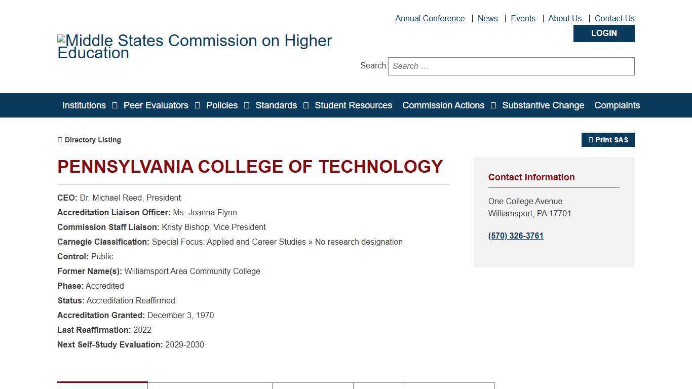 Pennsylvania College of Technology - Statement of Accreditation Status